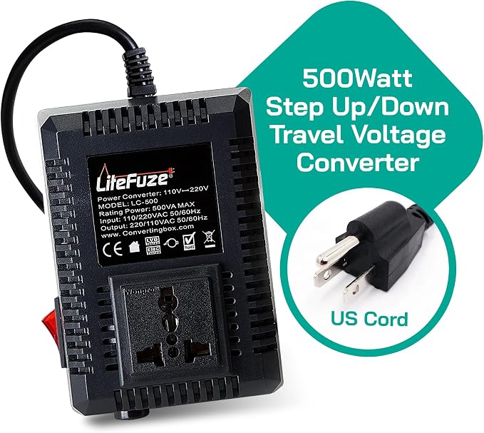 LiteFuze 500 Watt Step Up/Step Down Travel Voltage Converter, 220/110v to 110/220v converter with Type B Plug – Compatible with Hair Straightener, Camera, Laptop & More