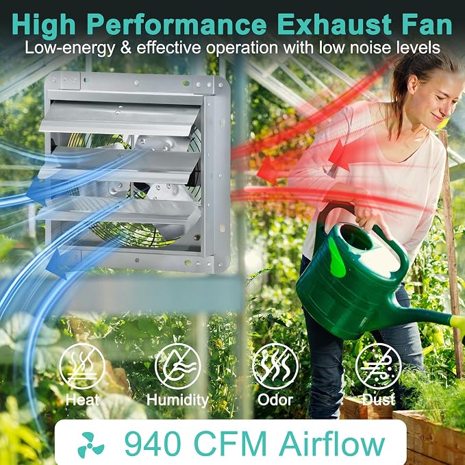12 Inch Shutter Exhaust Fan, Wall Mount Attic Fan with Thermostat and Speed Controller for Greenhouses, Sheds, Garages, Chicken Coops, Barns Ventilation, 970 CFM