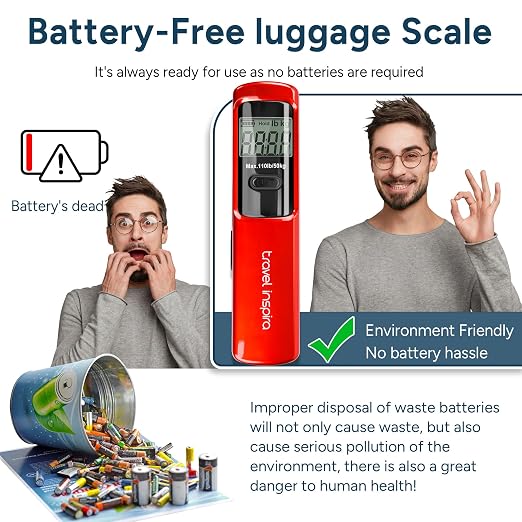 Battery-Free Luggage Scale – No Batteries Needed, Portable Digital Hanging Suitcase Weight Scale for Air Travel & Checked Bags, 110lb/50kg, LCD Display, Compact Travel Accessory
