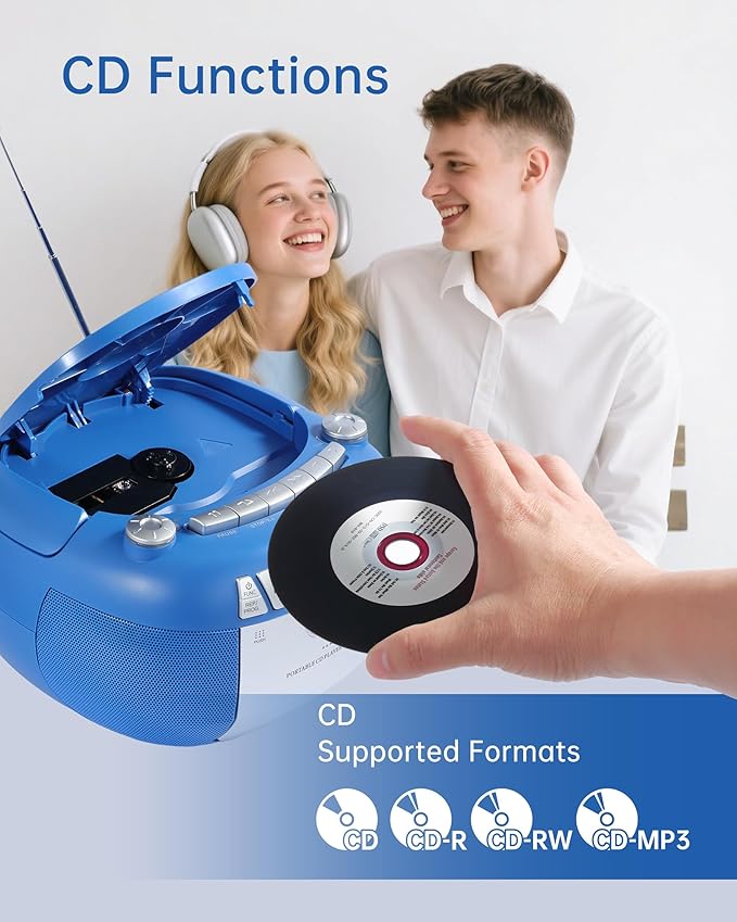 Boombox CD Player with Bluetooth and Cassette Player | Portable AM/FM Radio, MP3/USB/AUX Input, Stereo Sound System with Recorder, AC & Battery Powered for Home & Outdoor