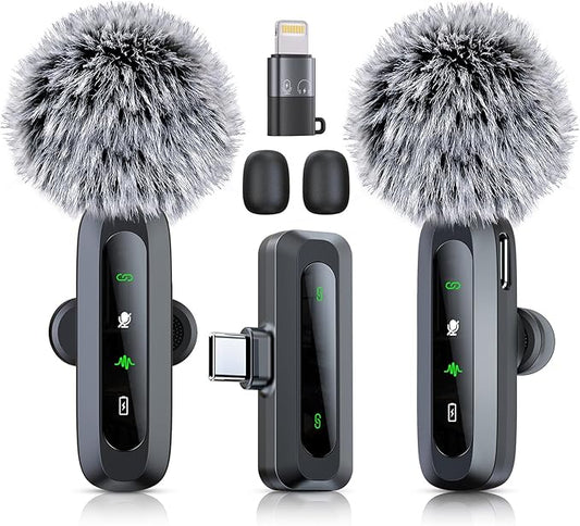 2 Pack Wireless Lavalier Microphone for iPhone 15 16, iOS and Android Phone, USB C Mini Microphone LED Display Clip on Mic for Video Recording TikTok YouTube Vlog