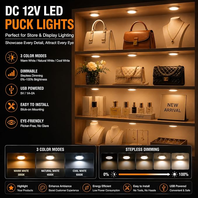 Smart LED Puck Lights, Dimmable Under Cabinet Lighting with Bluetooth App Control, Music Sync, Timer, DC 12V Adaptor (2Pack, Multi-White)