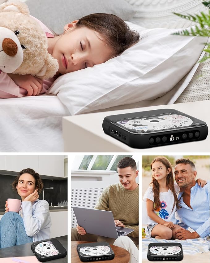 ENVYCLOUD CD Player Portable with Dual Stereo Speakers, Rechargeable Portable Player with Bluetooth for Home with Headphones, Support CD/AUX/USB,Black