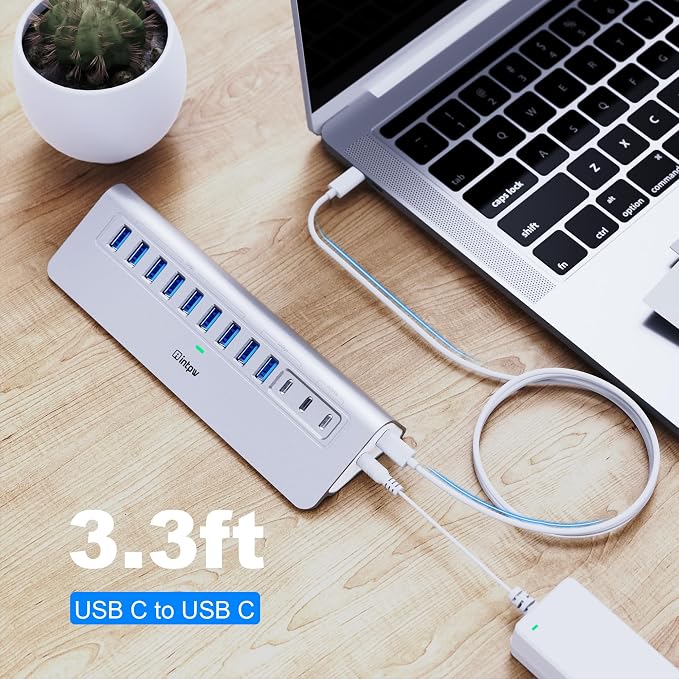 Powered USB Hub 10Gbps, intpw YH9AC 12 Port USB C Hub with 10Gbps USB C 3.2+2 USB A 3.2, 7 USB 3.0, 2 PD 45W Charging Port, 65W Power Adapter + 3.3FT Cable, Aluminum USB Hub for PC/Laptop/iPhone 17/16