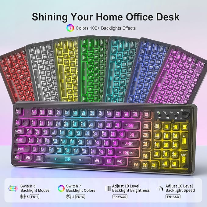 Black Light Up Keyboard and Mouse Wireless,Cute 2.4Ghz Cordless Rechargeable Transparent Backlit Keyboard,15 Backlight Effects,Volume Knob,RGB Mouse with 3 DPI for Mac Computer PC Laptop Desktop iPad