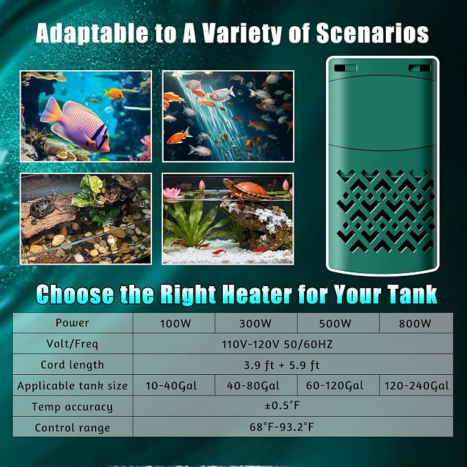500W Smart Aquarium Heater Submersible with Variable-Frequency Energy Savings, Dual Probes for Leaving Water Automatically Stop, PTC Tech for Overheat Protection, Adjustable for Freshwater, Saltwater