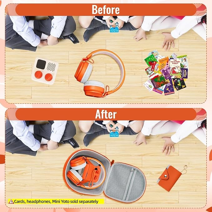 Hard Case Compatible with Yoto Mini (2024 Edition), 3-in-1 Travel Bundle: Silicone Cover + Case with Shoulder Strap (Fits Mini Player & Headphones) + Up to 10 Card Holder for YOTO Cards (Orange)