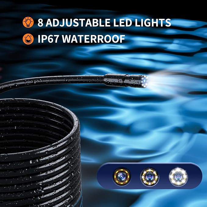 Daxiongmao 1080P HD Borescope Camera, IP67 Waterproof Endoscope with 8 Adjustable LED Lights, 16.5ft Semi-Rigid Snake Camera for Automotive Engine, Wall, Vent, Pipe Inspection, Men's Tool