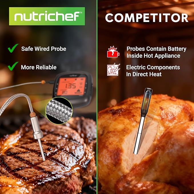 NutriChef Smart Bluetooth BBQ Thermometer with Travel Zip Case, Upgraded Stainless w/ 2 Temperature Probes, LCD Display, Done Alarm Android iPhone, Gas Charcoal BBQ Smoker Temp Monitoring