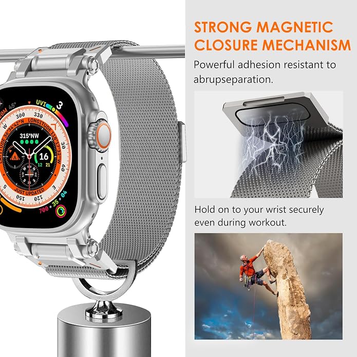 WINGLE Milanese Loop for Apple Watch Band Ultra 3/2/1 Band Ultra 49mm Series 11 10 46mm 45mm 44mm SE 3/2/1 Series 9 8 7 6 5 4 3 Men Women,Parachute-Style Buckle Stainless Steel Mesh Metal iWatch Bands