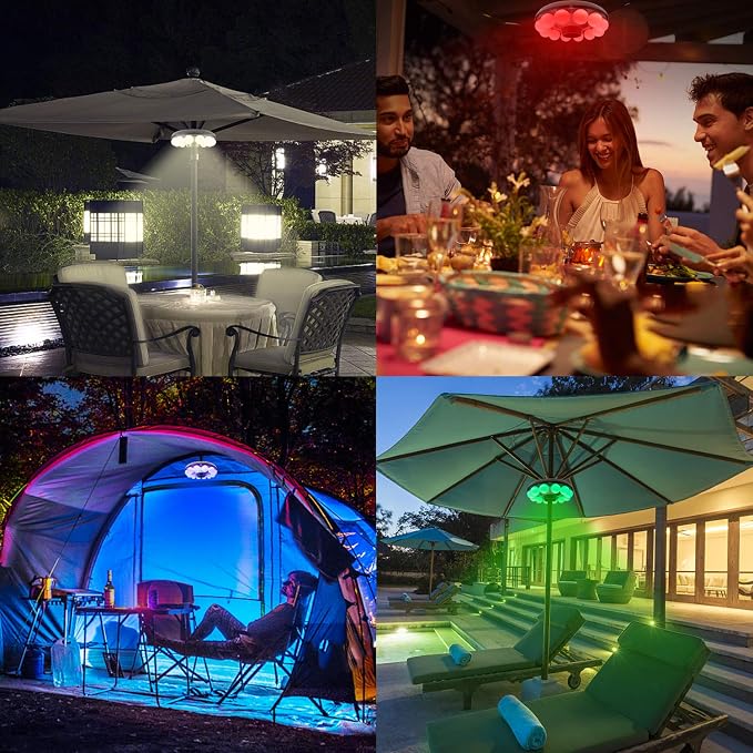 LUXSWAY Patio Umbrella Lights Battery Operated,12 Color Changing Outdoor Umbrella Light for Pole with Remote,48 LEDs,4 Modes,4 Timer Setting,10 Inch Camping Hanging Lights