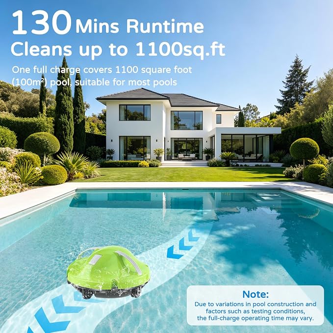 2026 NEW Cordless Robotic Pool Cleaner, Automatic Pool Robot Cleaner with Dual-Motor, 130mins Runtime & Auto Parking Pool Vacuum for Above Ground Inground Pools Up to 1100 Sq.Ft,JQR-V201,Green