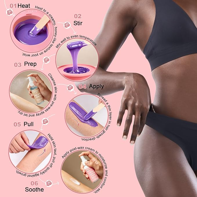 GIRLEARLE Black and Pink Digital Waxing Kit for Women and Men Sensitive Skin, Nose&Ear Wax Kit Hair Removal at Home with Wax Beads & Silicone Pot, Target Different Types of Brazilian Bikini, Facial