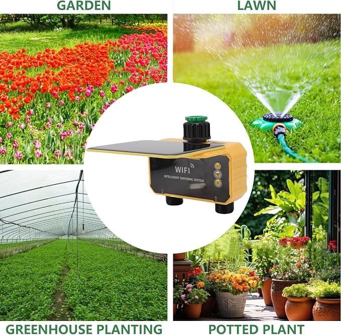 Luqeeg WiFi Sprinkler Timer, Solar Powered Rain Delay App Control 2 Zone Solar Watering System with Accuracy Filter, Sprinkler System | Irrigation Timer for Yard Balcony Garden