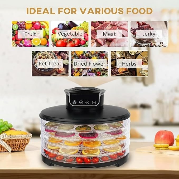 Food Dehydrator DryLite 245 – 5 Tray Adjustable, BPA-Free – 4-Hour Quick Drying, Even Heat, Easy Temp Control – Fruit, Veggie, Meat Jerky Maker (Black)