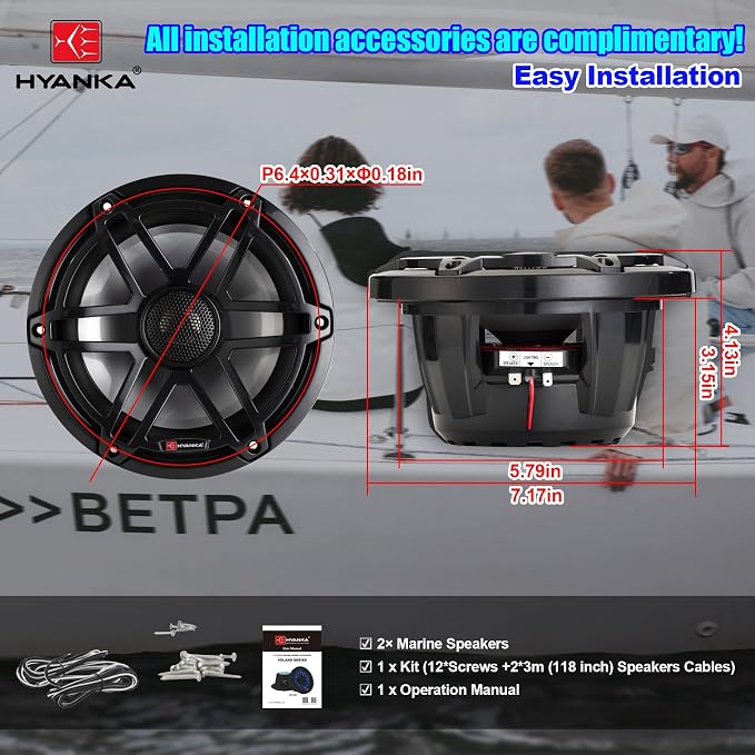 H YANKA MC-65B 6.5 Marine Speakers - 750W 2-Way IP67 Waterproof Marine Stereo System with Blue LED Light, Full Range Sound, Professional Boat Speakers, No Distortion, Y35 Magnet Woofer - 1 Pair