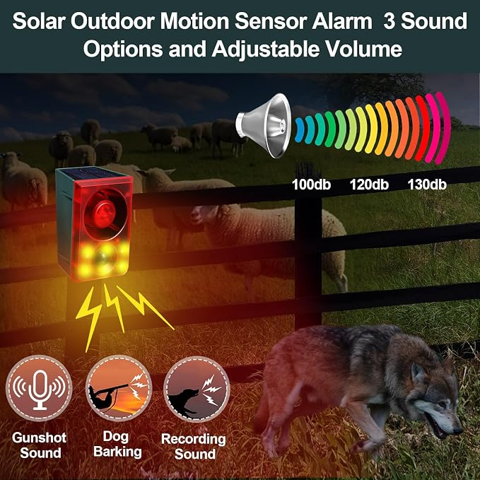 Qualirey Solar Outdoor Motion Sensor Alarm Animal Deterrent Gunshot Sound Dog Barking Alarm 130dB Loud Noise Maker 3 Modes with USB Remote Control Support Recording and Volume Adjustment (8 Pcs,Red)