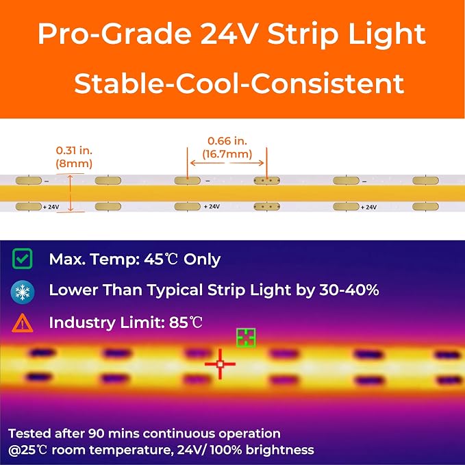 COB LED Strip Lights 2700K, 24V DC Tape Light with Strong 3M VHB Tape, CRI 95, UL Listed, Cuttable, Dimmable, 3W/FT for Bars, Restaurants, Hallways, Cozy Ambiance (NO Power Supply)