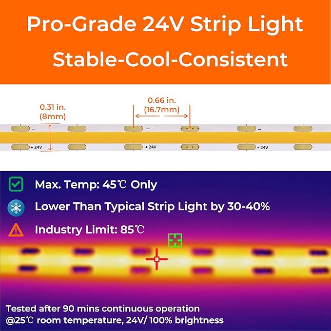 Candlelight COB LED Strip Lights 2400K, 3W/FT, 16.4FT 24V LED Tape Light with 3M VHB Backing, CRI 95, UL Listed, Cuttable, Dimmable, Bendable for Bars, Restaurants, Relaxing (NO Power Supply)