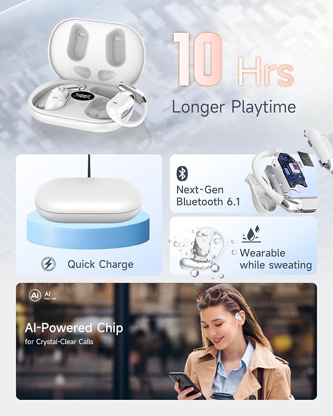 Paekole Ultra Open Ear Headphones, Over Ear Bone Conduction Earbuds with Study Work,Bluetooth Headphones 6.1 with Digital Display,60H Playtime,IP55 Waterproof, Comfort for Cycling,Running,Workout