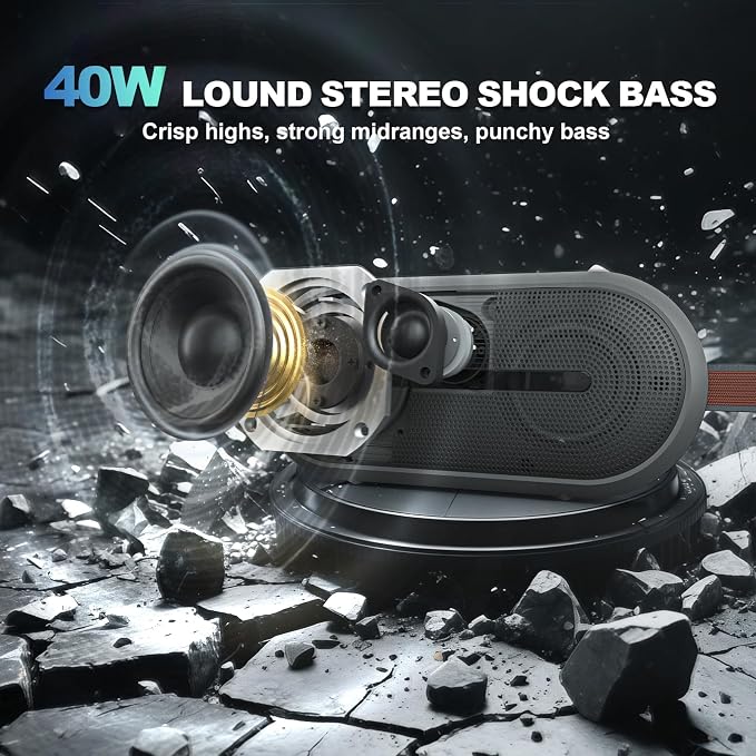 SOWO Portable Bluetooth Speaker - Wireless Speaker Waterproof with Partyboom Technology - 40W, Loud Clear Stereo Sound and Bass Boost - 16H Playtime for Outdoor, Camping and Travel Use