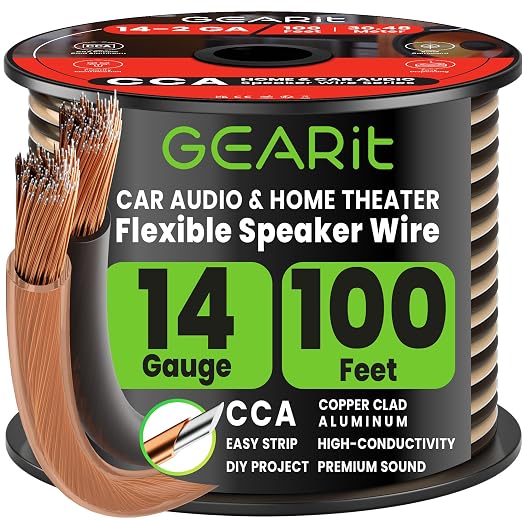 GEARit 14 Gauge Speaker Wire 100 ft,Speaker Cable with Foot Markers & Polarity Markings,14 Gauge Wire for Car Audio & Home Theater Speakers,Audio Cable for DIY Installations,CCA(Black Clear)