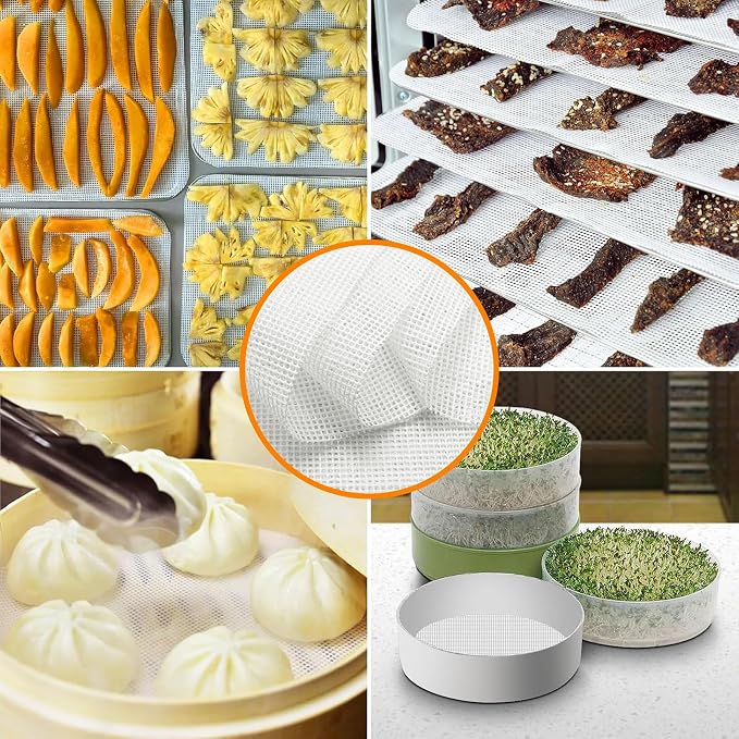 Silicone Dehydrator Sheets 6 Pcs, Resuable Mat 11 x 8in for Food Dehydrator Freeze Dryer to Prevent Food Spills, Heat-Resistant Dehydrator Trays, Dishwasher Safe, White Rectangular