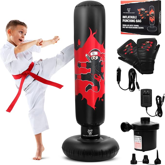 THB Punching Bag for Kids - Inflatable Punching Bag with Boxing Gloves for Kids Age 3-8, 63” Ninja Boxing Bag with Electric Air Pump to Practice Taekwondo, Karate, MMA, Bouncing Back
