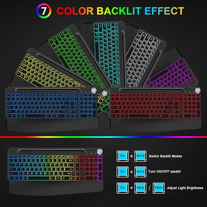 BlueFinger Wireless Keyboard and Mouse Combo Backlit, 2.4G Rechargeable Ergonomic Gaming Keyboard with Wrist Rest, Phone Holder, Volume Knob, Silent Light Up Keyboard with Mouse for Computer Laptop