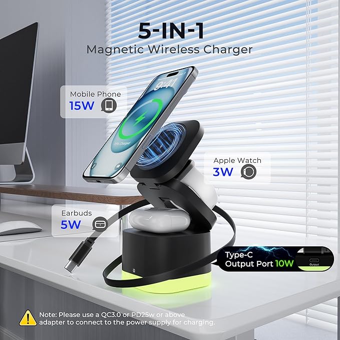 5 in 1 Magnetic Wireless Charger Stand with Night Light, Foldable Wireless Charging Station Built-in Retractable Cable, Fast Wireless Charger for iPhone 17/16/15/14/13/12, Apple Watch, AirPods Pro 3