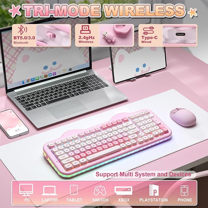 YUNZII C98 Wireless Mechanical Keyboard with Number Pad,99 Key BT5.0/2.4G/USB-C Hot Swap Gasket Mount with PBT MOA Keycaps,Custom RGB,Cute Cake Keyboard for Win/Mac (Pink, Milk V2 Linear Switch)