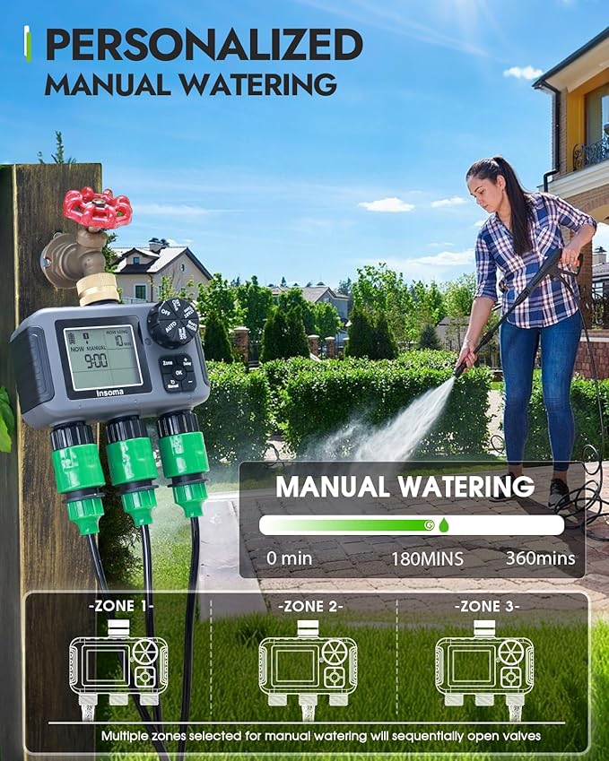 Insoma 3-Zone Sprinkler Timer with Brass Inlet + IPX5 Waterproof | Programmable Auto/Manual Irrigation Mode with Rain Delay & Large LCD | Water Hose Timer 3 Outlets for Garden, Lawn, Yard, Pool