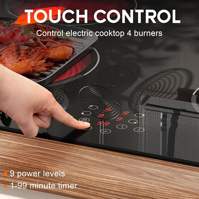 24 Inch Electric Cooktop Built in Electrics Stove Top, 4 Burner Electric Stove, Touch Control, 6000W, 9 Power Levels, Safety Lock, Timer, Pause Function, 240V Hard Wire(No Plug)