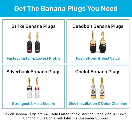 Deadbolt Banana Plugs 6-Pairs by Sewell, Gold Plated Speaker Plugs, Quick Connect, SW-29863-6