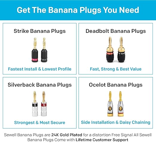 Sewell SW-29863-12 Deadbolt Banana Plugs 12-Pairs by, Gold Plated Speaker Plugs, Quick Connect