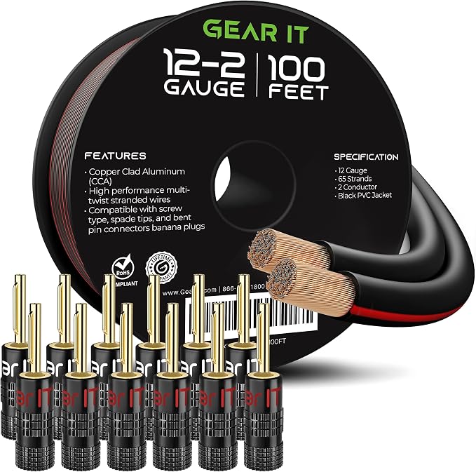 GEARit 12 Gauge Speaker Wire (100 Feet /30.48 Meters) with Banana Plugs (6 Pairs, 12 Pieces) Pro Series 12 AWG Speaker Cable - Black