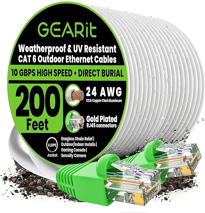 GEARit RJ45 Cat-6 Ethernet Patch Cable, 10Gpbs Transfer Speed, Gold-Plated Connectors, Copper Clad, Outdoor, UV Resistant, Direct Burial, Waterproof, Durable, 200 Foot (60.9 Meters), White