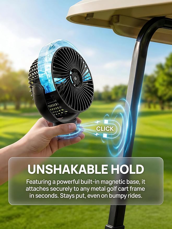 Magnetic Golf Cart Misting Fan with Heavy-Duty Strap, 12000mAH Battery Operated Portable Fan with 4 Speeds, LED, Timer, Suitable for EZGO Club Car Yamaha, Golf Cart & Camping Accessories 2026