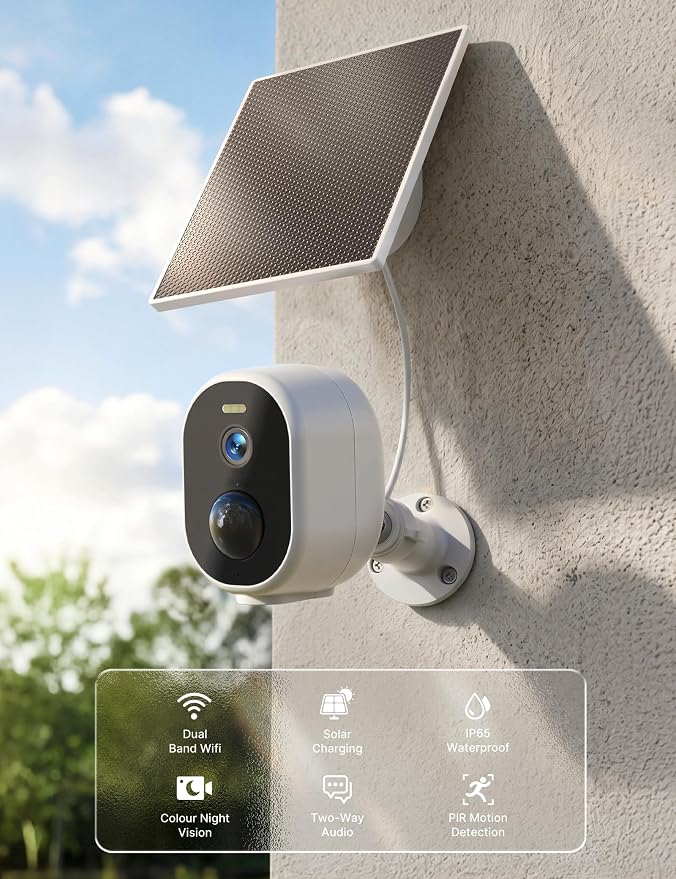 GNCC Solar Security Camera Wireless Outdoor, 2K Battery Powered Camera with Solar Panel, 5G&2.4GHz WiFi, Spotlight Color Night Vision, AI Motion Detection, Siren Alarm, Cloud/SD Storage (White-1 Pack)