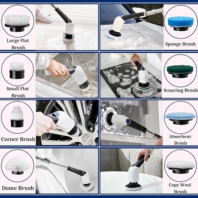 Jorking Electric Spin Scrubber, Cordless Power Scrubber Up to 420RPM Powerful Cleaning, Shower Scrubber for Cleaning Bathtub, Tile and Floor with 8 Types of Replaceable Brush Heads, Voice Broadcast