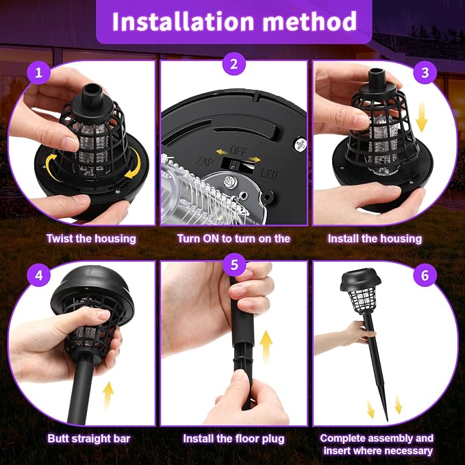 4 Pcs Solar Bug Zapper Outdoor Waterproof Mosquito Repellent Light Solar Power Fly Killer Lamps for Moths, Gnats, Fly, Small Flying Insect Backyard Garden Lawn (Plastic,Purple & Warm Light)