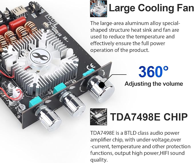 320W Audio Amplifier Board with Treble and Bass Control, DC 12-36V, Bluetooth 5.2 and AUX Inputs, 2.0 Channel Stereo AMP Board for DIY Wireless Speakers (Black3 T160HS)