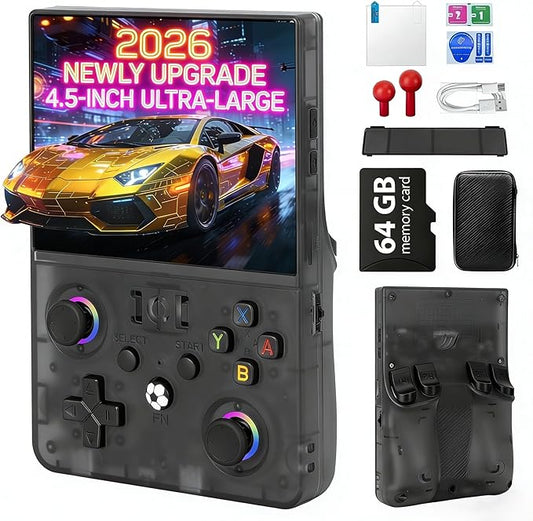 2026 NEW Upgrade R36MAX Ⅱ Retro Handheld Game Console - 4.5 Inch Ultra-Large Screen, Support 18000+Classic Games, 64G TF Card, Linux System, 4000mAh Battery, Birthday Gift for Adult - Black