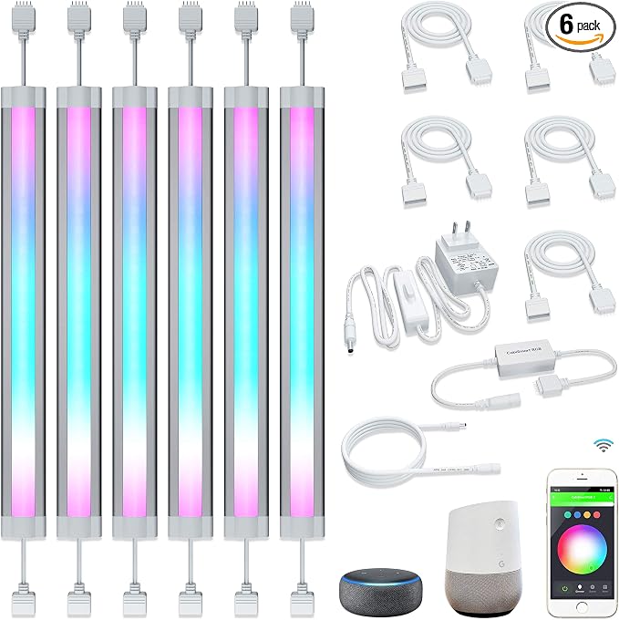 LED Smart Under Cabinet Ligts RGB Multi Color Compatible with Alexa, Google Home Voice Controlled Under Counter Strip Light App Control (6 Lights Bar Kit)