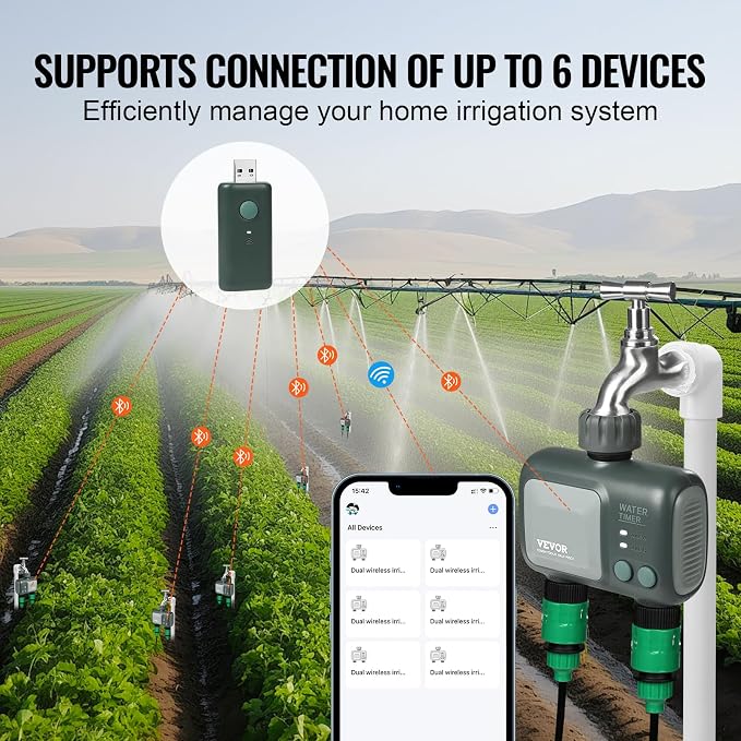 VEVOR Sprinkler Timer WiFi Water Timer, 2 Outlets, Smart Hose Faucet Water Timer with Brass Inlet, APP Remote Control via 2.4Ghz WiFi or Bluetooth, Voice Control, IPX6 for Garden, Yard Watering