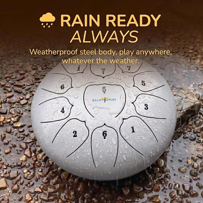 Balmy Drum Steel Tongue Drum 10 inch 11 Notes 440Hz, Handpan Drum with Music Book, Mallets, Carry Bag, Finger Picks, Rain Drum for Outdoor, Meditation Yoga Calming Instruments for Adults Kids (White)