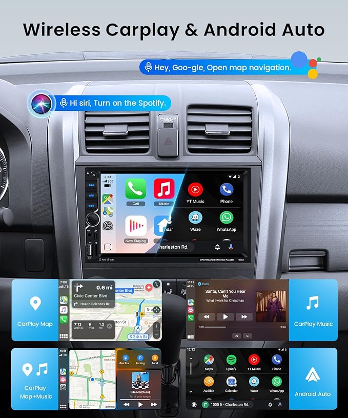 Double DIN Car Stereo with Wireless CarPlay Android Auto, 7 Inch Touchscreen Radio, Universal 2 Din Head Unit Bluetooth 5.0 FM SWC EQ USB-C Mirror Link Backup Camera