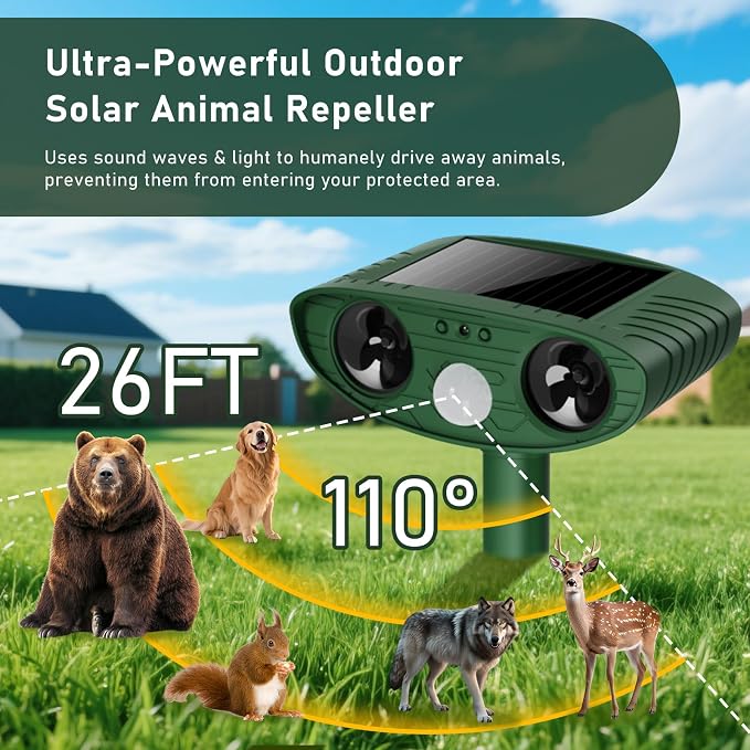 2026 Upgraded Ultrasonic Solar Animal Repellent Outdoor, Deer Repellent Devices Squirrel Cat Raccoon Rabbit Dog Deterrent with Motion Sensor for Yard Garden Lawn-2 Pack