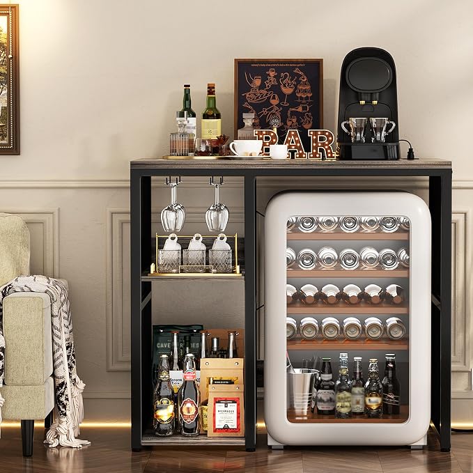 Homieasy Mini Fridge Cabinet with Power Outlet, Coffee Bar Cabinet with Mini Fridge Space, Industrial Liquor Cabinet with Wine Storage & Glass Holder for Dorm, Living Room, Home Kitchen, Grey