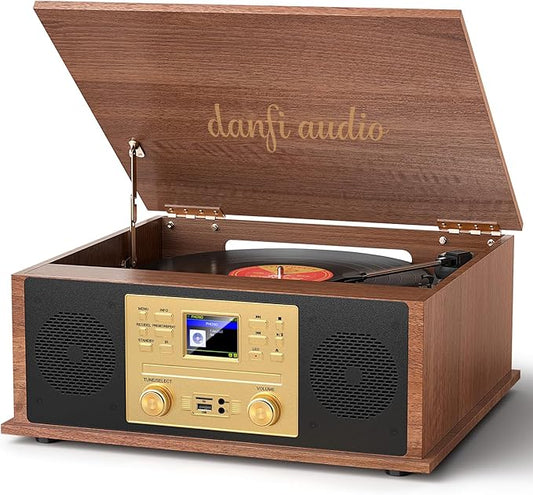 10-in-1 Retro Bluetooth Record Player with Stereo Speakers, 3-Speed Vinyl Turntable, CD Player, USB/SD Playback & Recording, Internet Radio, Clock, Vintage All-in-One Multimedia Center – Walnut